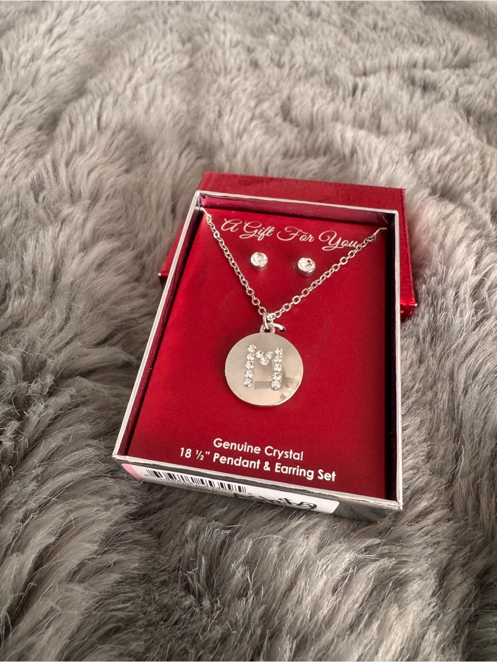 Initial Pendant and Crystal Earring Set - Silver